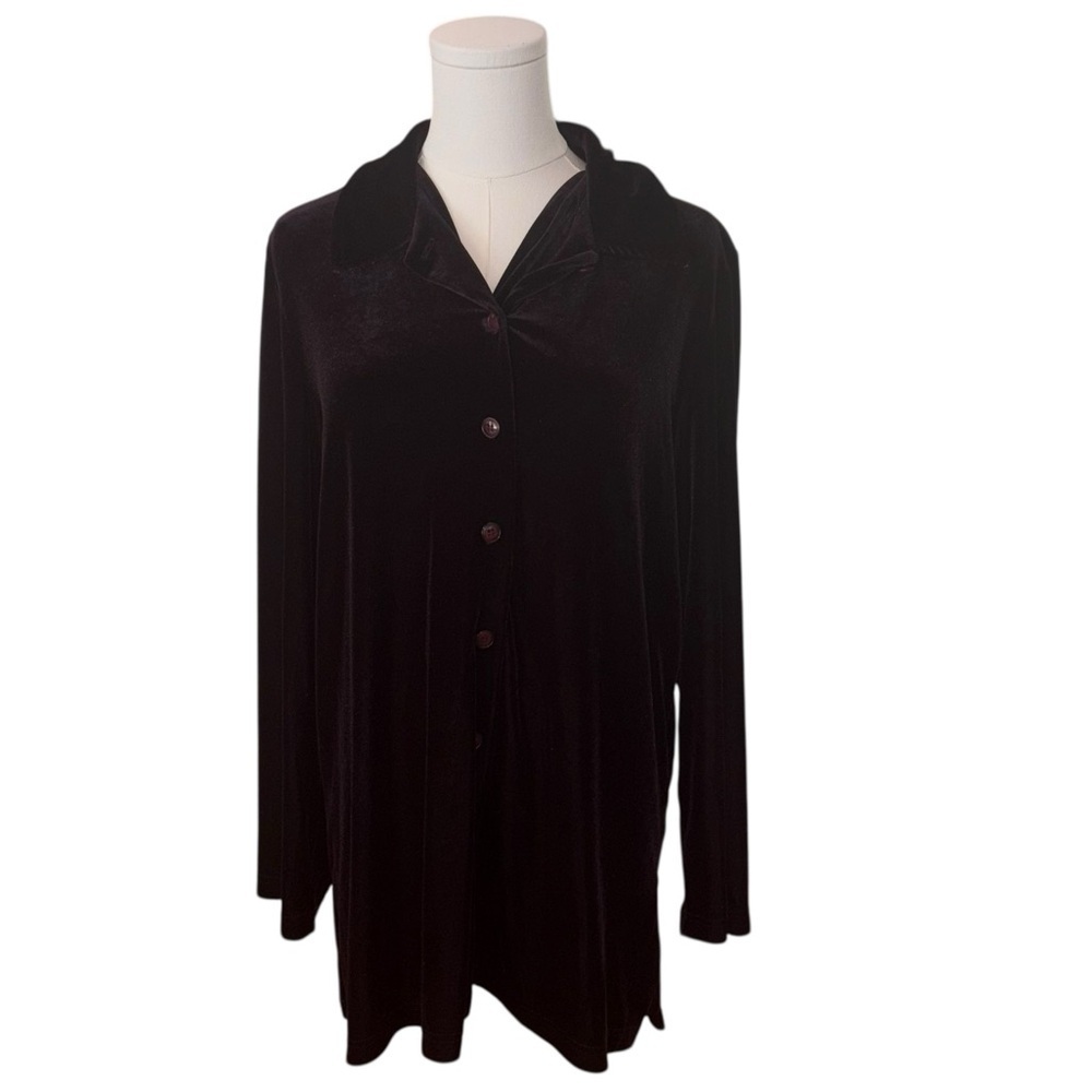 Rafaella Women's Large Dark Plum Purple Velvet Button Up Soft Cozy Stretch Top